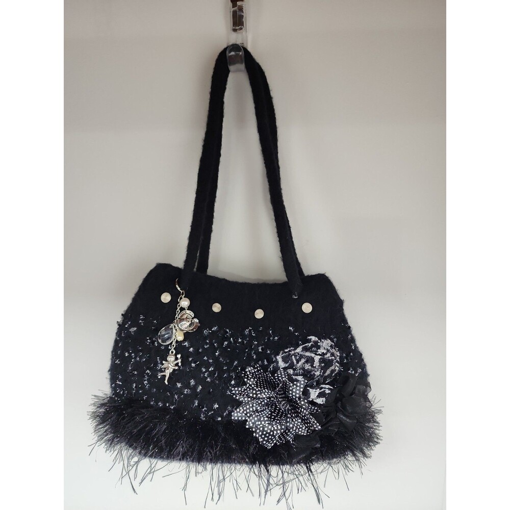 Artisan Handmade Black Felted Wool Purse Cupid Bag Charm Dragonfly Lining Y2K